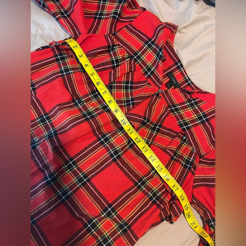 J. Crew Red Ruffle Blouse Tartan Popover Plaid Festive Flannel Sz S 100% Cotton - Picture 9 of 11